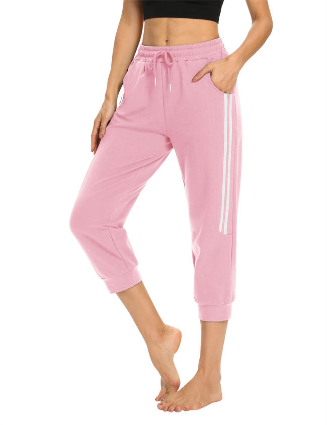 Women Casual Summer Crop Pants Loose Comfy Drawstring Stripped Jogger Capri Pants with Pockets